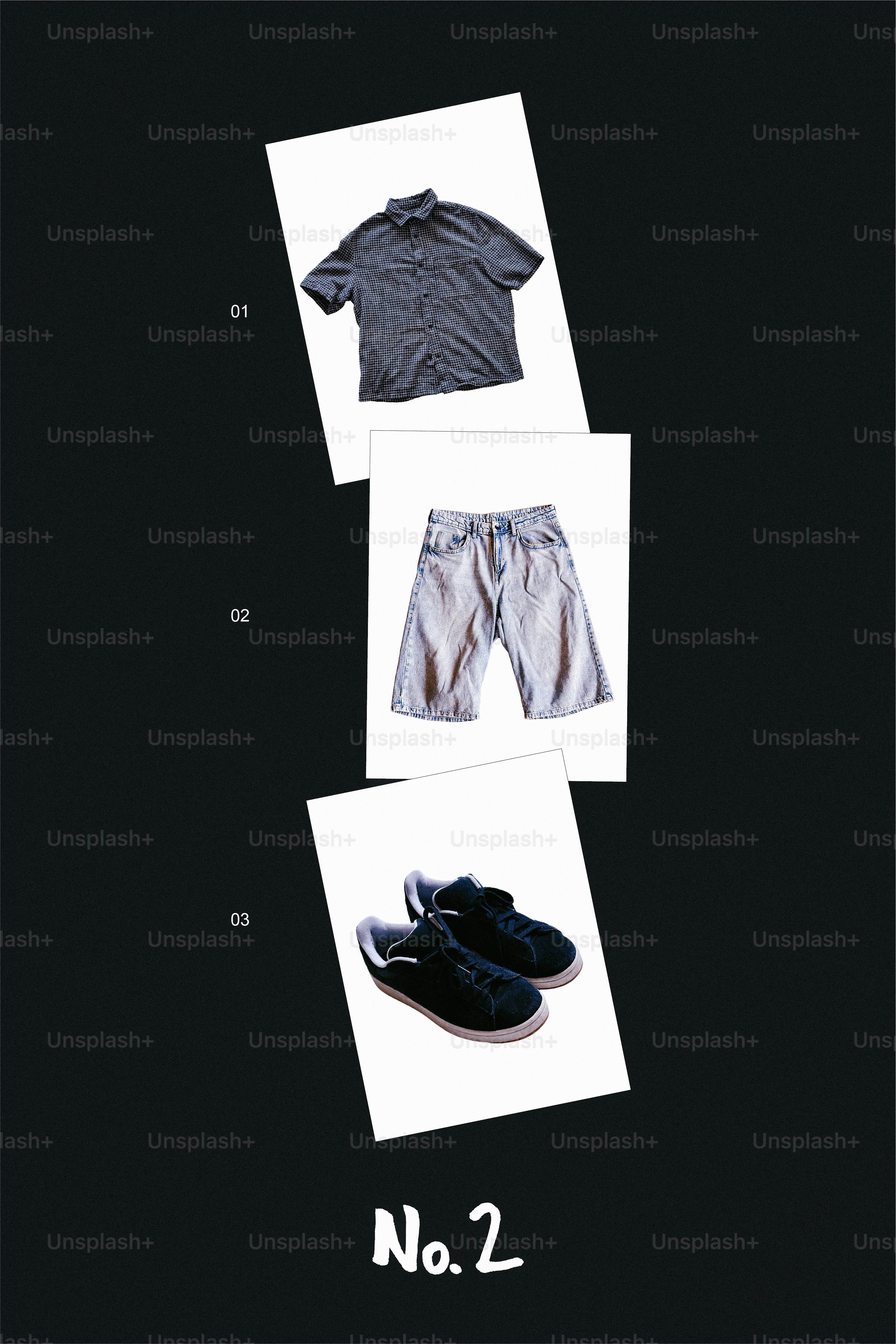 Grey shirt, shorts, and black sneakers on a dark background